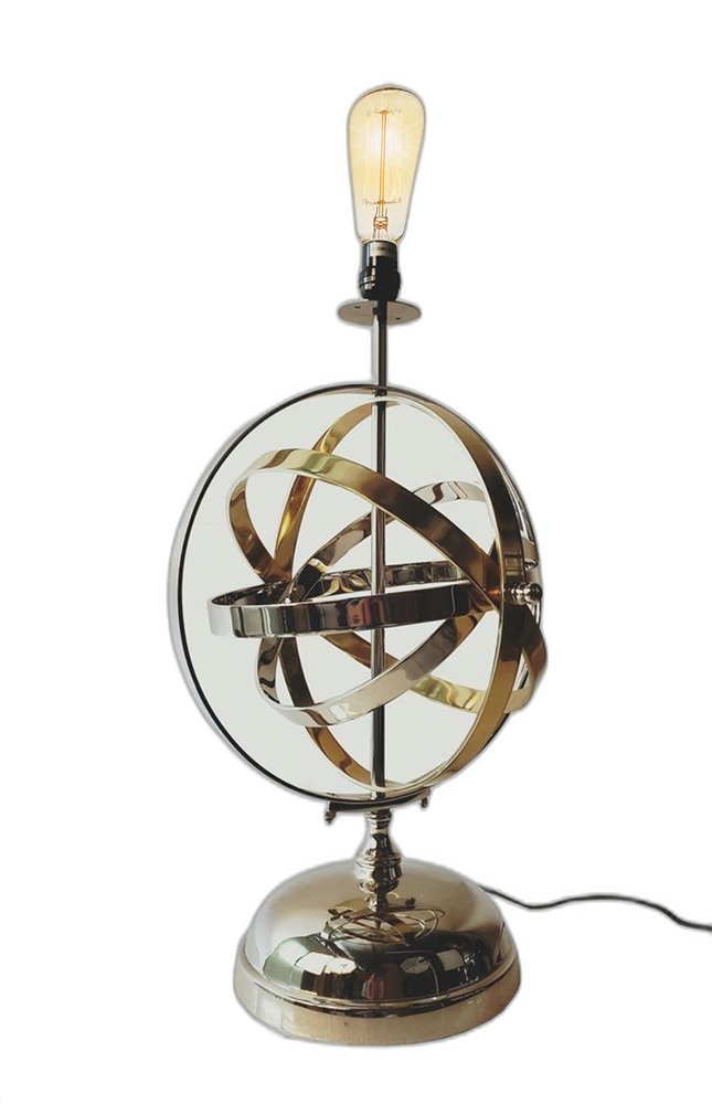 Armillary-sphere table lamp in brass and chrome with Edison bulb, vintage industrial decor.