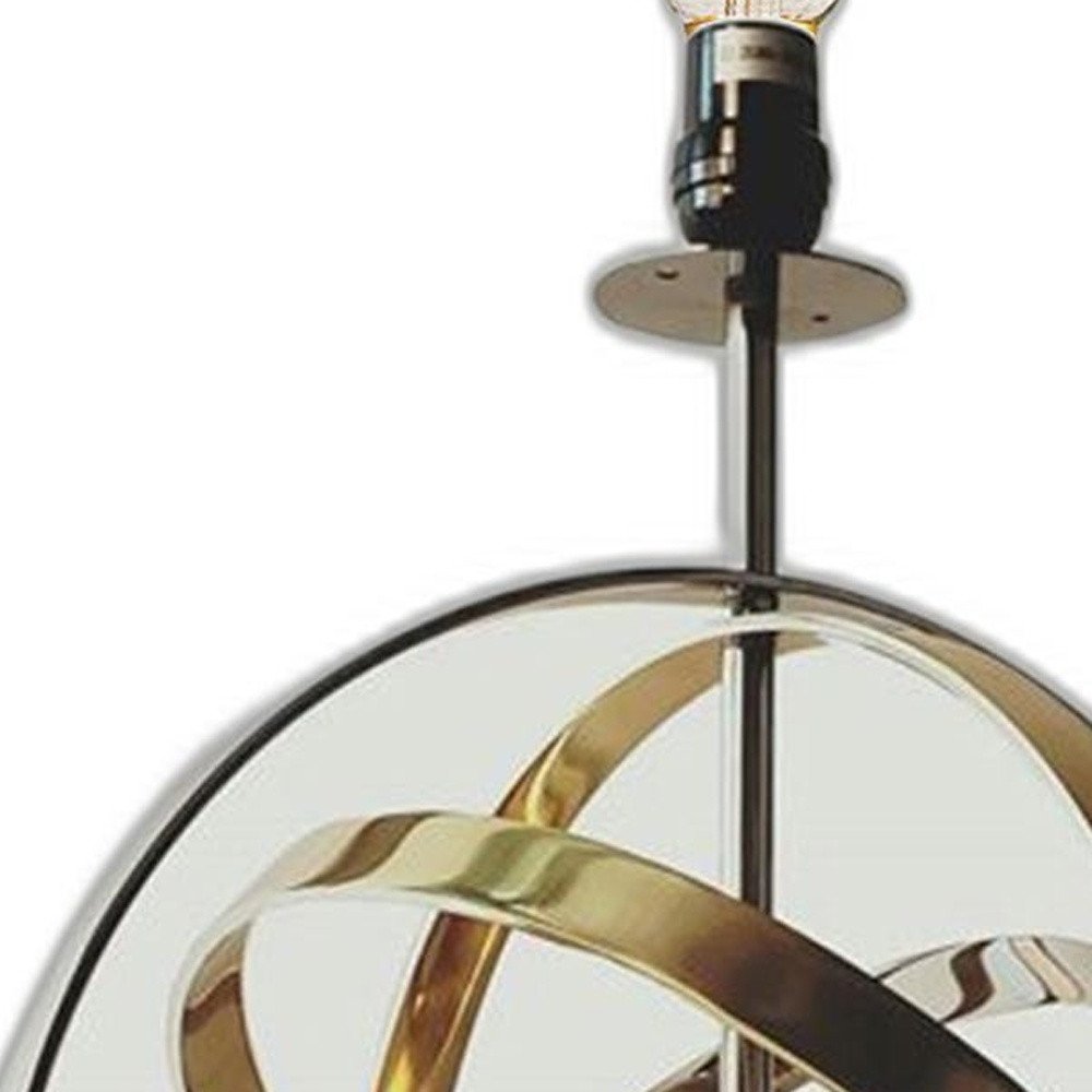 Bronze metal standard table lamp with a globe-style orb shade formed by intertwining curved bands.
