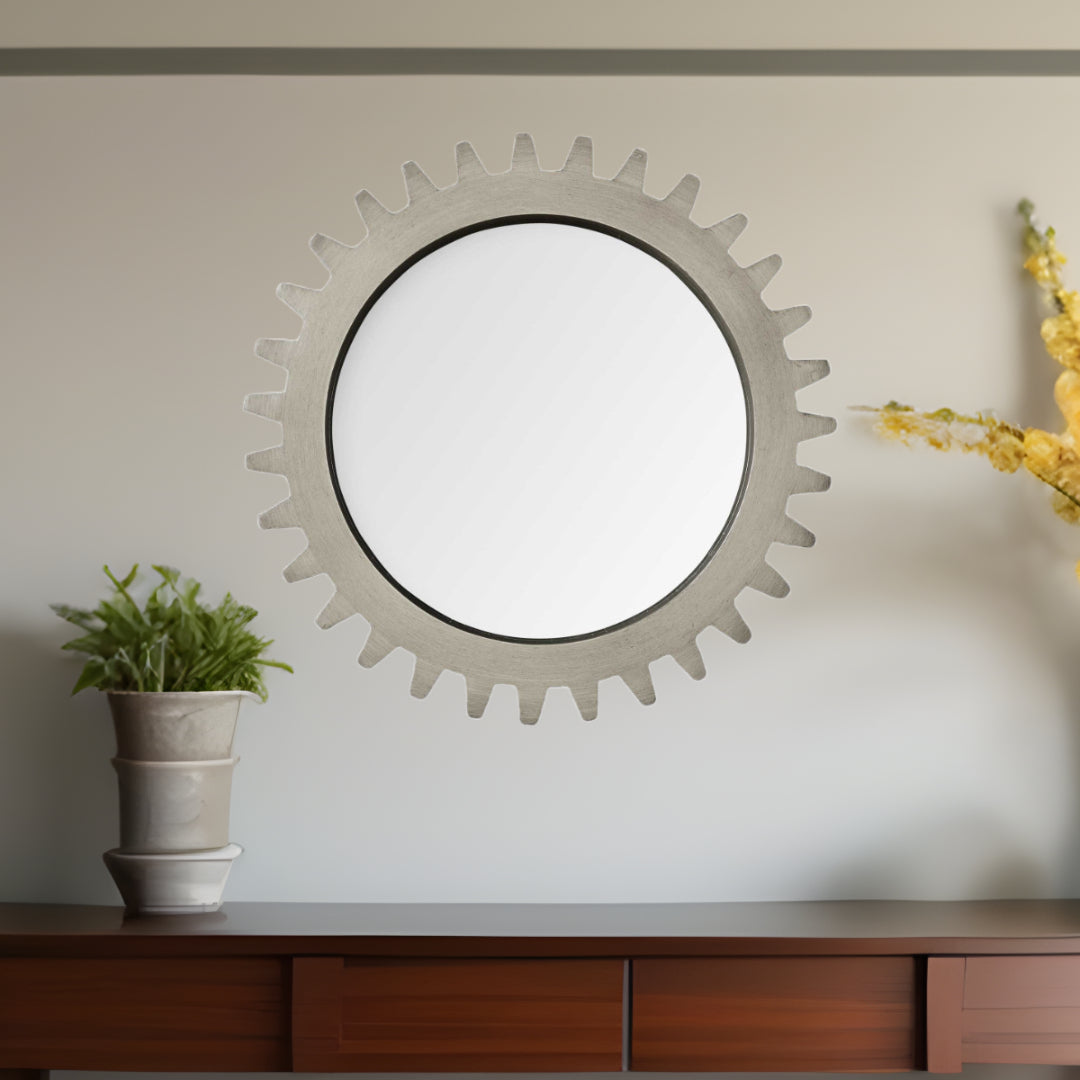 26" Round Grey Wood Frame Wall Mirror