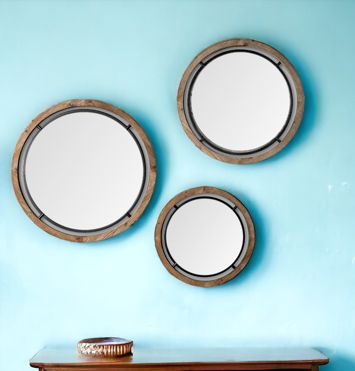 19" Brown Wood And Black Metal Frame Wall Mirror