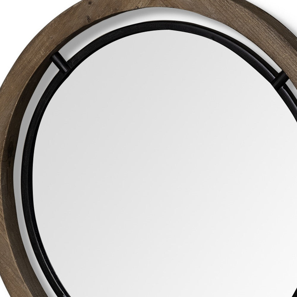 19" Brown Wood And Black Metal Frame Wall Mirror