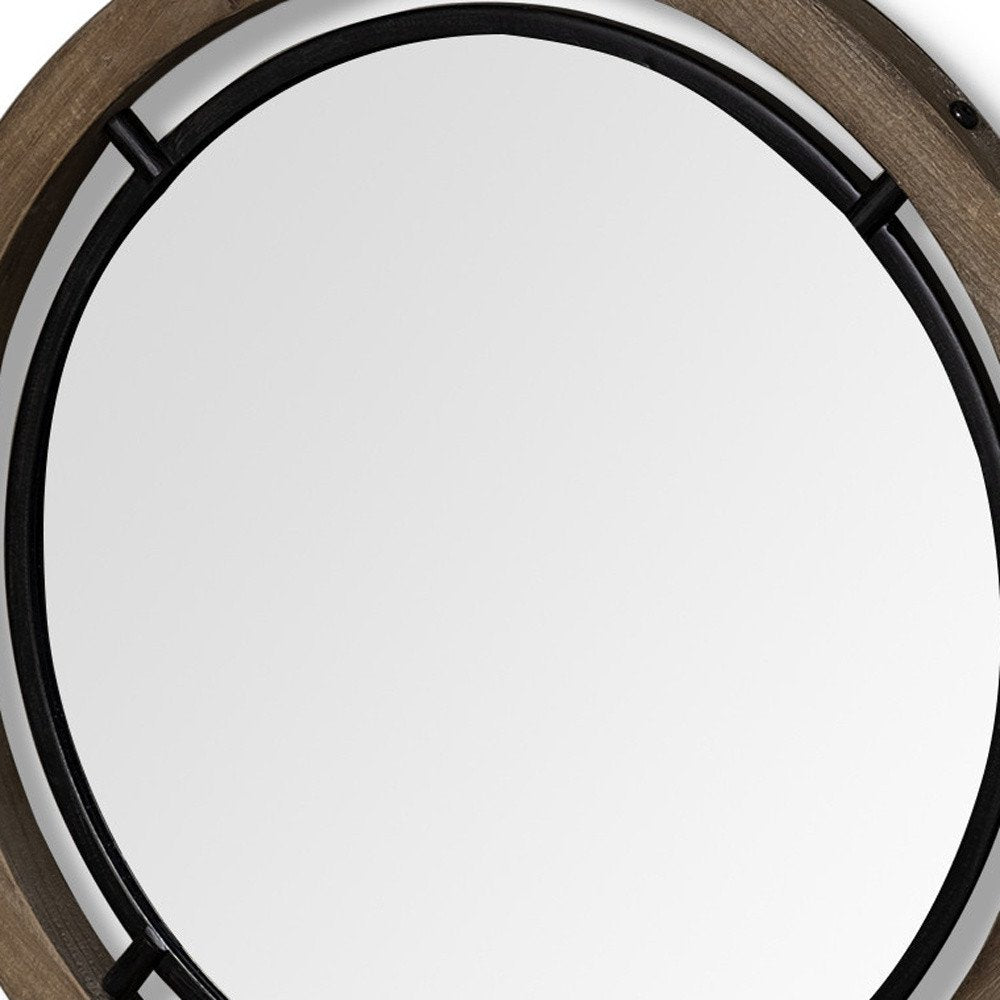 19" Brown And Black Metal And Wood Round Framed Accent Mirror