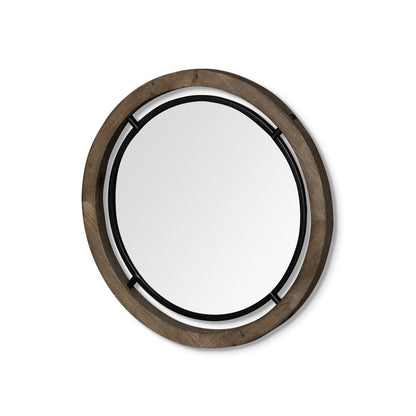 24" Brown And Black Round Metal And Wood Framed Accent Mirror
