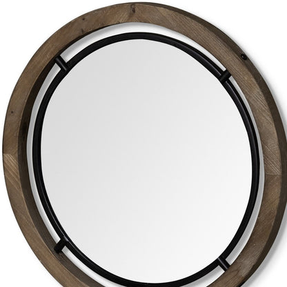 24" Brown And Black Round Metal And Wood Framed Accent Mirror