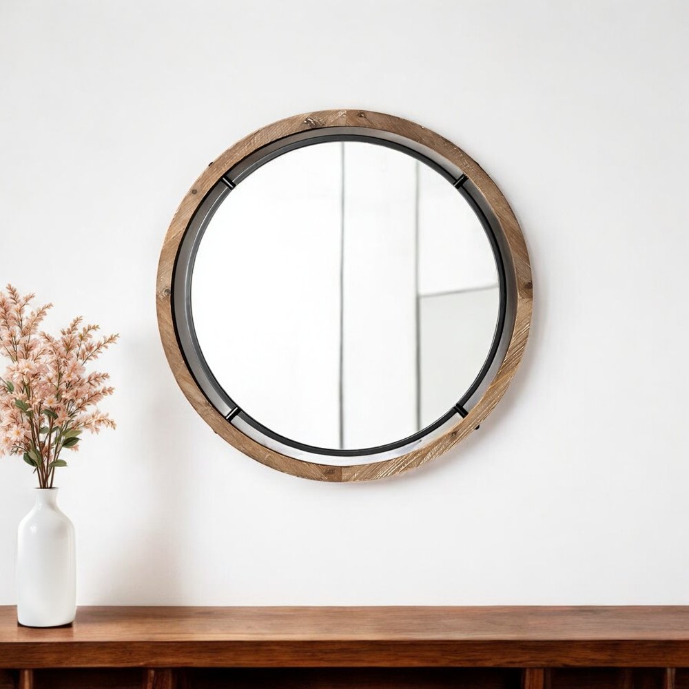24" Brown And Black Round Metal And Wood Framed Accent Mirror