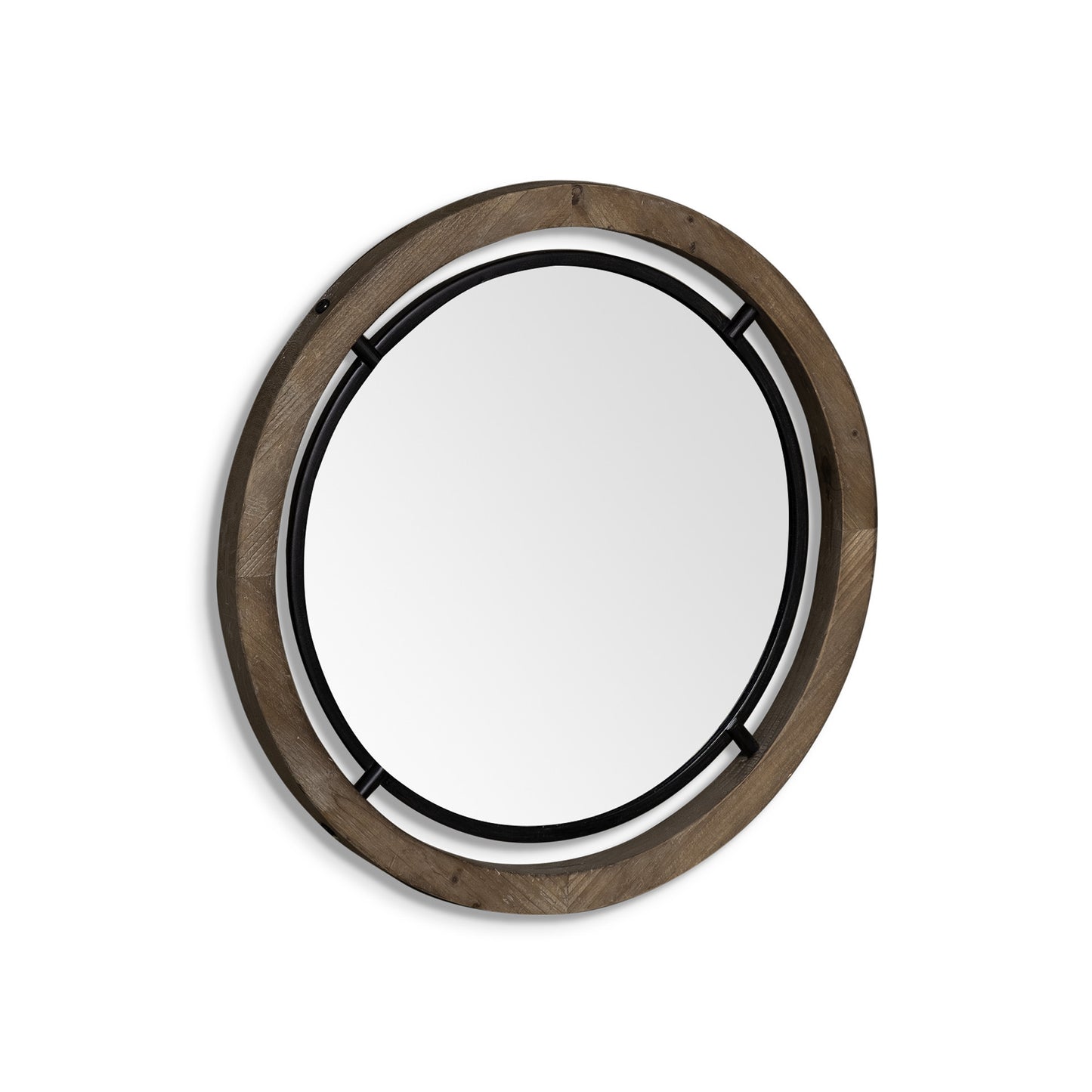 24" Brown Wood And Black Metal Double Frame Wall Mirror