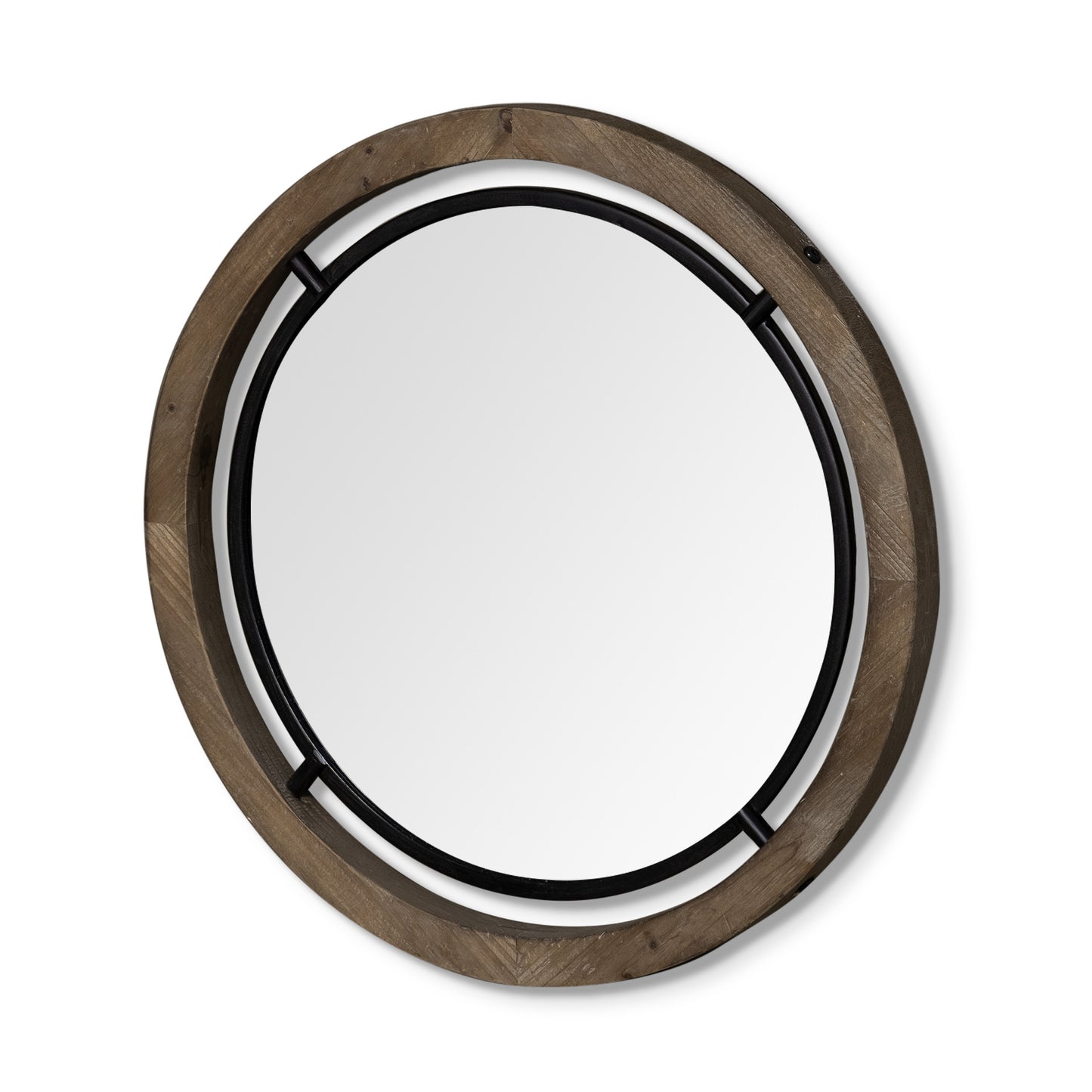 28" Brown Wood And Black Metal Round Framed Accent Mirror