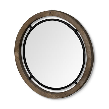 28" Brown Round Wood Framed Accent Mirror