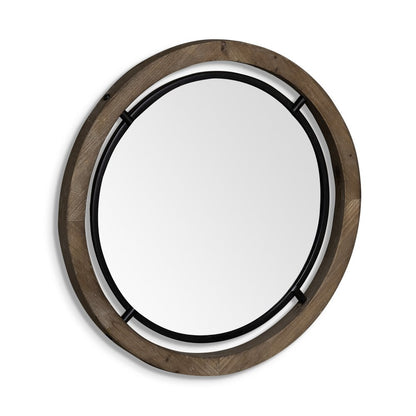 28" Brown Round Wood Framed Accent Mirror