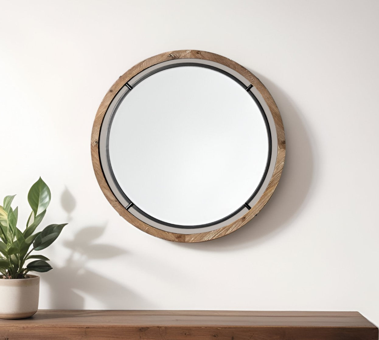 28" Brown Wood And Black Metal Round Framed Accent Mirror