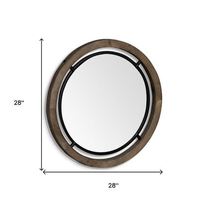 28" Brown Round Wood Framed Accent Mirror