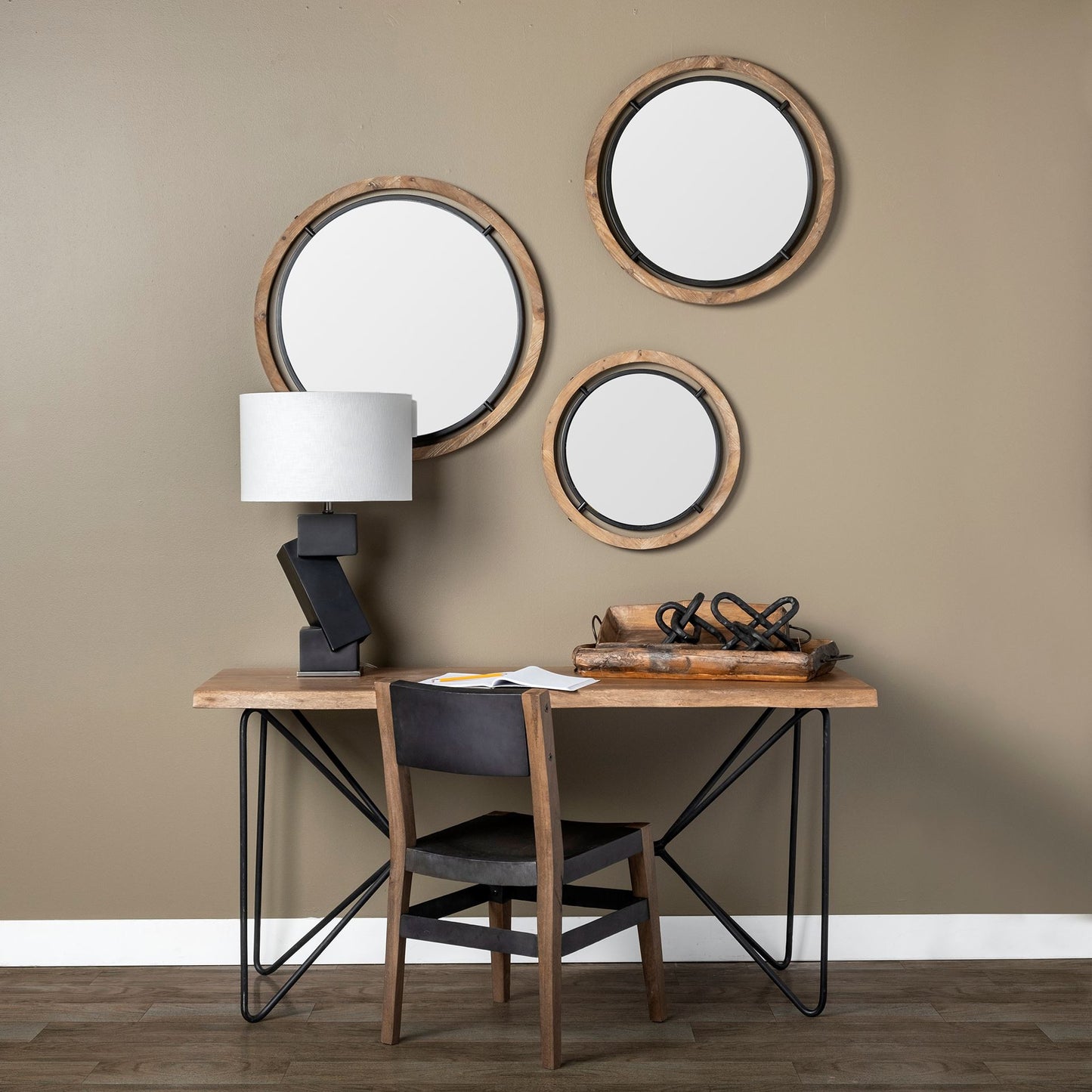28" Brown Wood And Black Metal Double Frame Wall Mirror