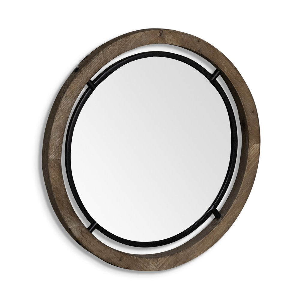 28" Brown Round Wood Framed Accent Mirror
