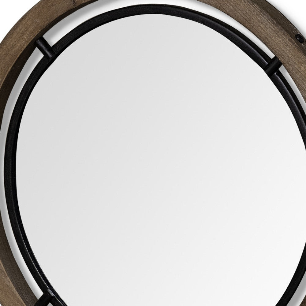 28" Brown Wood And Black Metal Double Frame Wall Mirror