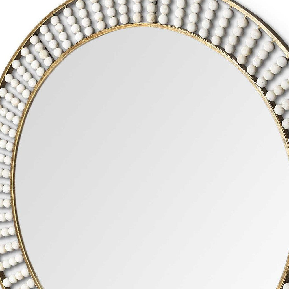 42" Round Gold Metal Frame Wall Mirror With White Wood Beads