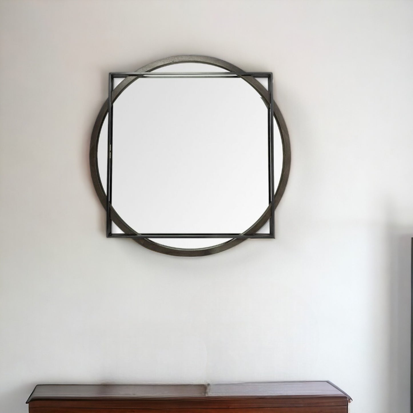 46" Round on Square Black Wood And Metal Frame Wall Mirror