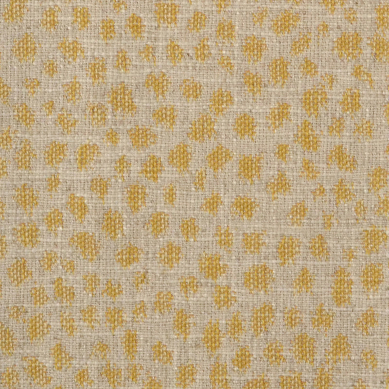 Beige linen-look fabric with small golden-yellow dotted pattern; textured textile for upholstery or crafts.