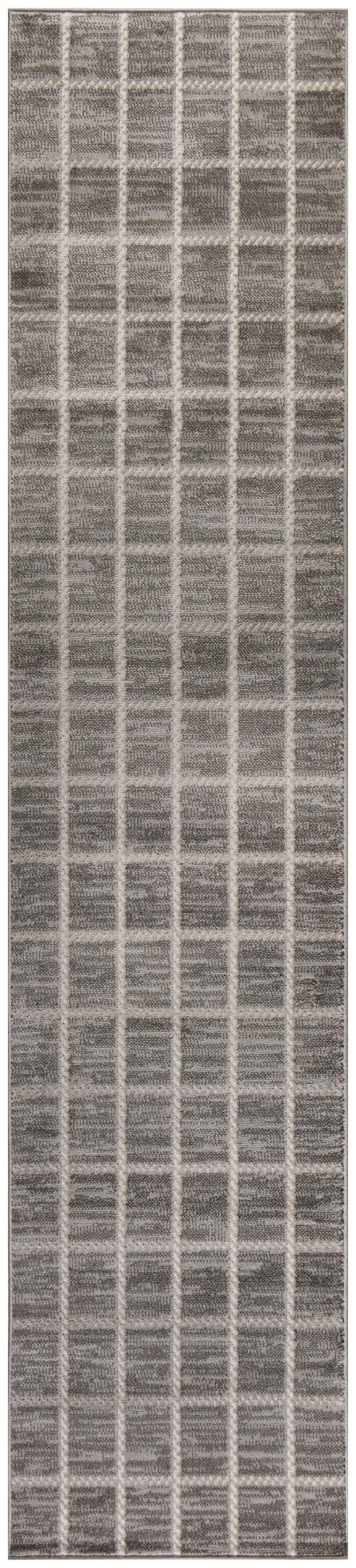 Grey rectangular runner rug with cream grid lines; modern geometric pattern and soft textured pile.