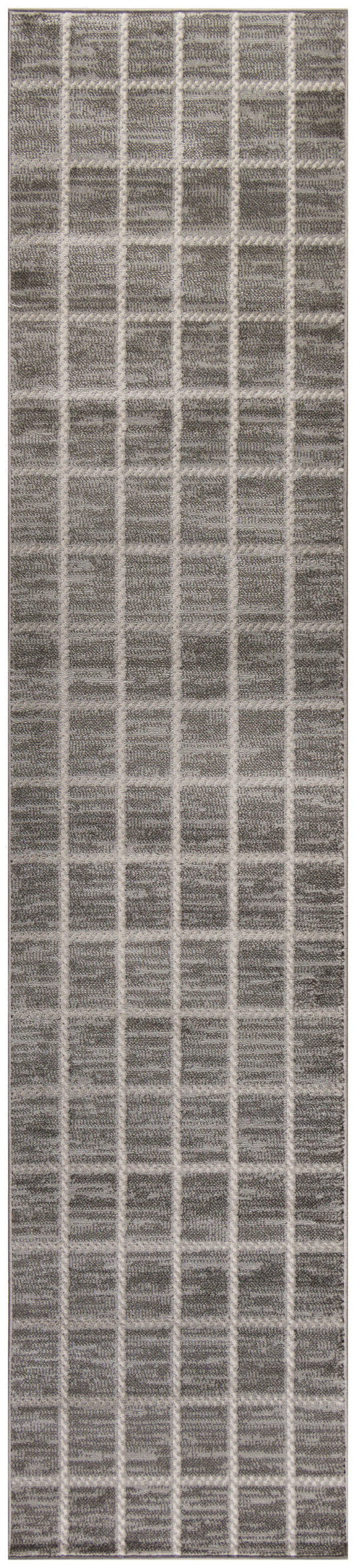 Grey rectangular runner rug with cream grid lines; modern geometric pattern and soft textured pile.