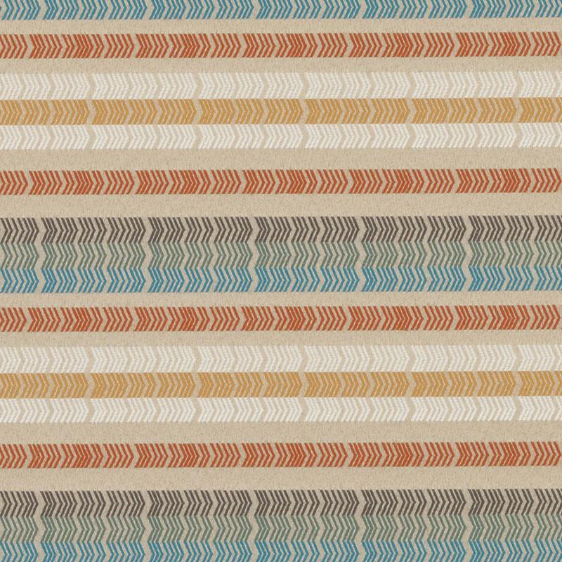 Linen-look fabric with repeating chevron stripe pattern in teal, orange, yellow and gray on a beige background.