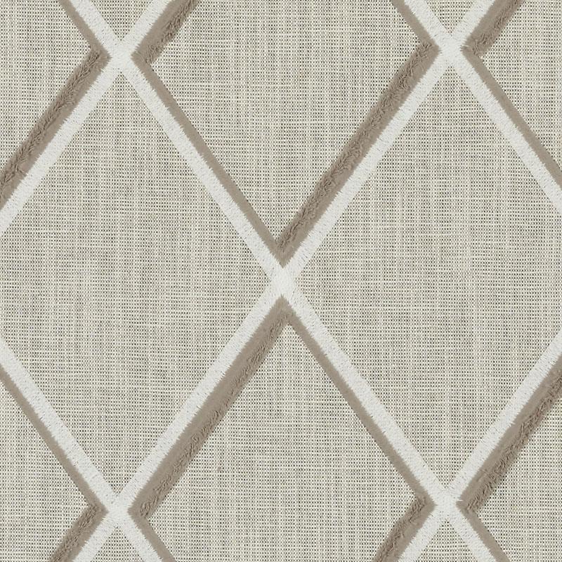 Beige linen-textured drapery fabric with large taupe-outlined diamonds and white lattice lines.