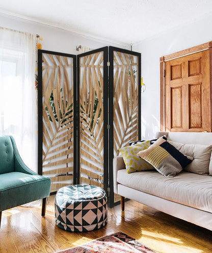 67" Brown Solid Wood Folding Three Panel Screen Room Divider