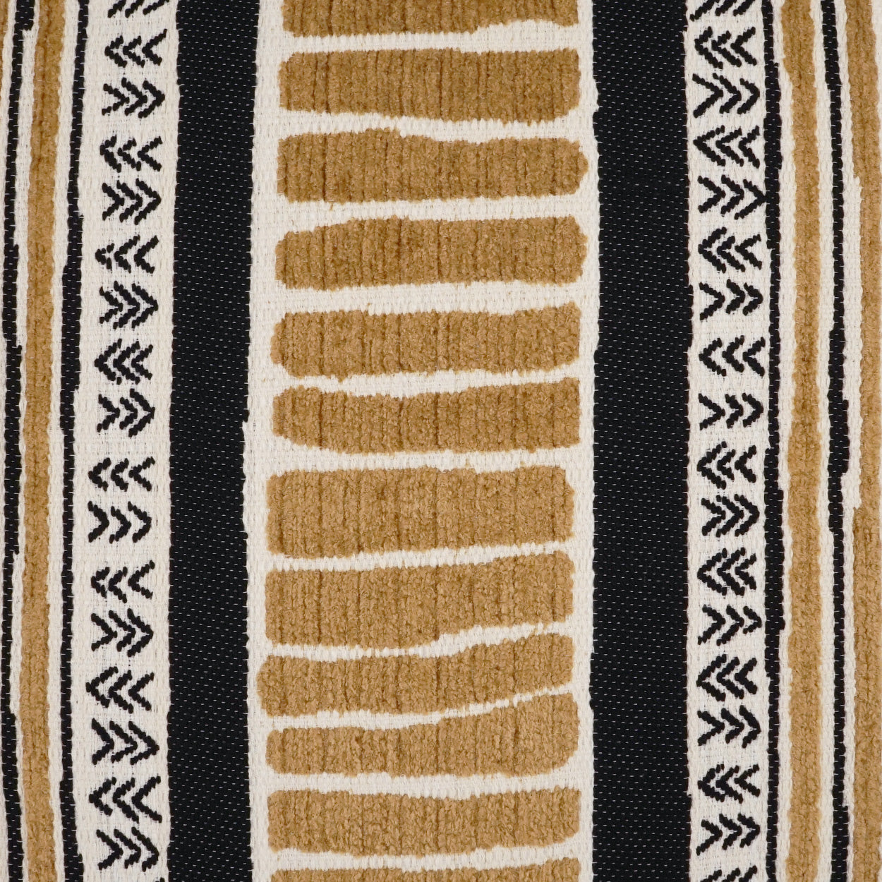 Textured woven rug with central gold-tan bars on cream, flanked by black borders with white geometric motifs.
