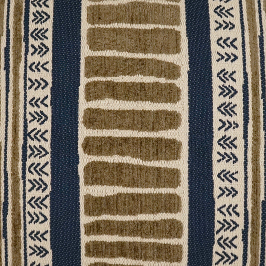 Geometric woven rug in beige, tan & navy with tan rectangular center blocks & dark blue side borders.