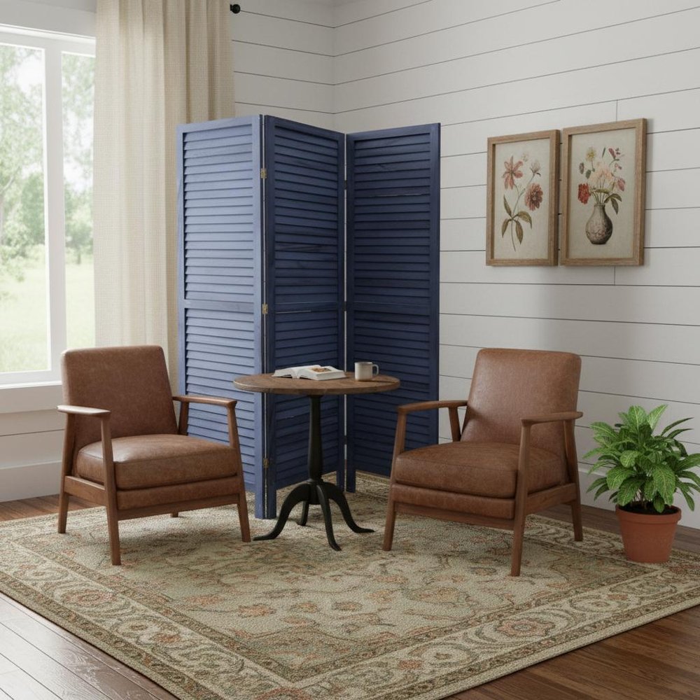 67" Dark Blue Solid Wood Folding Three Panel Screen Room Divider