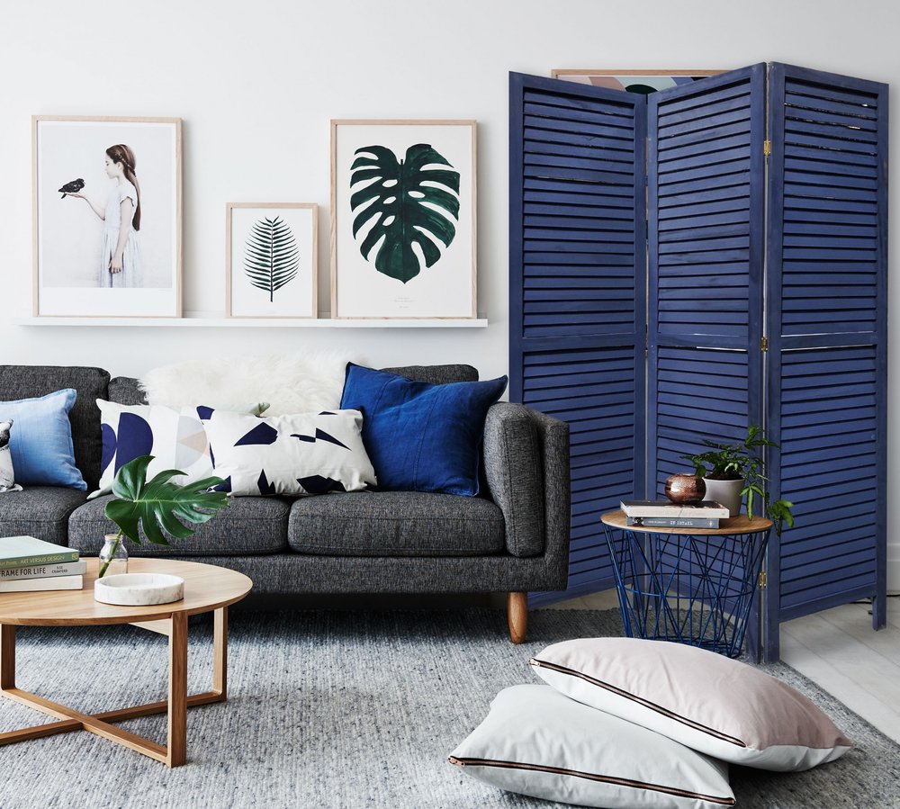 67" Dark Blue Solid Wood Folding Three Panel Screen Room Divider