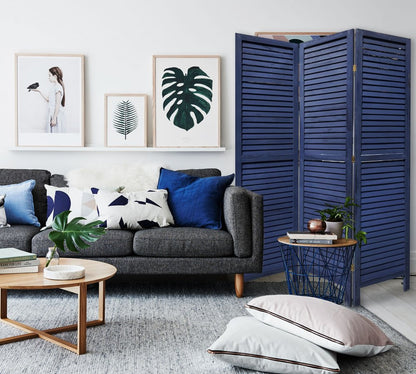 67" Dark Blue Solid Wood Folding Three Panel Screen Room Divider