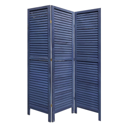67" Dark Blue Solid Wood Folding Three Panel Screen Room Divider