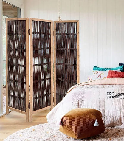 71" Brown Solid Wood Folding Three Panel Screen Room Divider