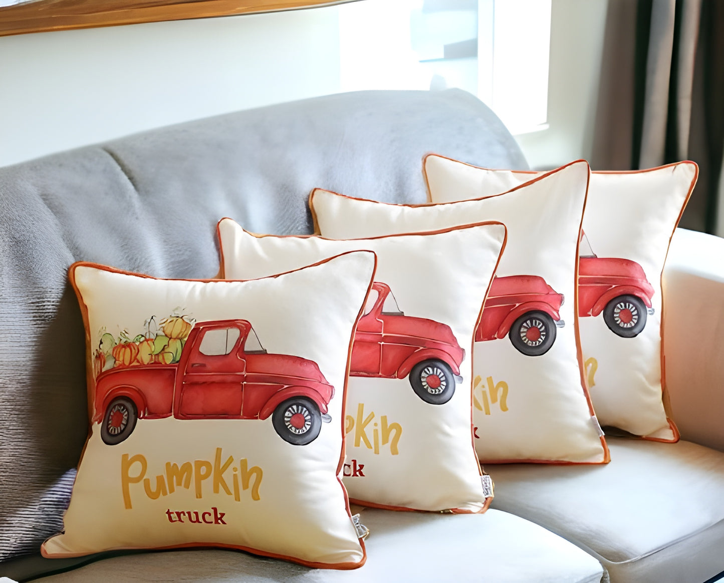 Set Of 4 18" Pumpkin Truck Throw Pillow Cover In Multicolor