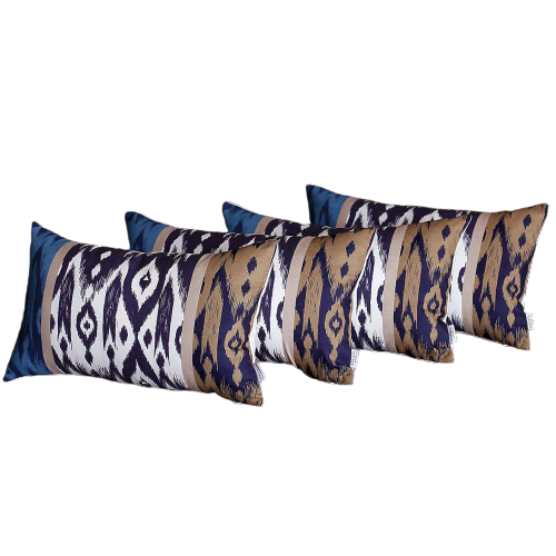 Set Of 4 Brown And Blue Ikat Design Lumbar Pillow Covers
