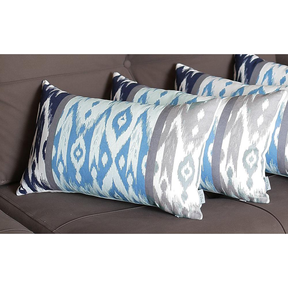 Set Of 4 Aqua Blue And Gray Ikat Lumbar Pillow Covers