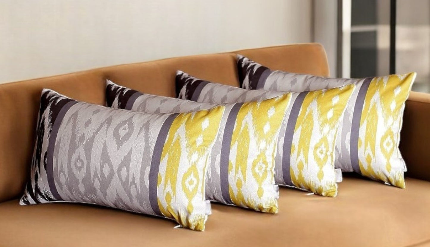 Set Of 4 Gray And Yellow Ikat Lumbar Pillow Covers