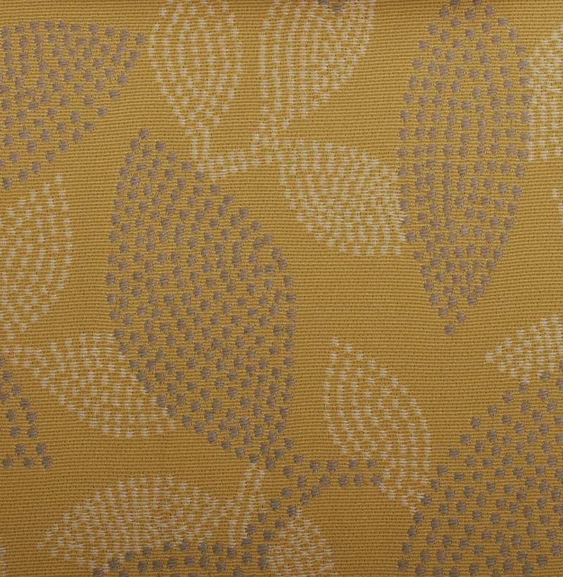 Mustard yellow woven fabric with pale beige & gray leaf motifs in a repeating pattern.