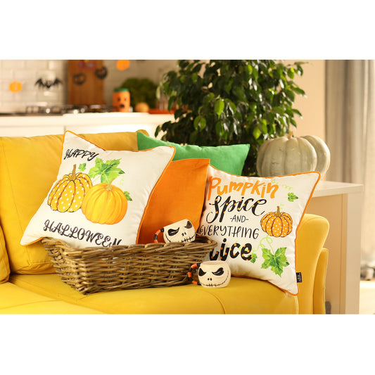 Set Of Four 18" Orange Green Pumpkin Halloween Throw Pillow Covers