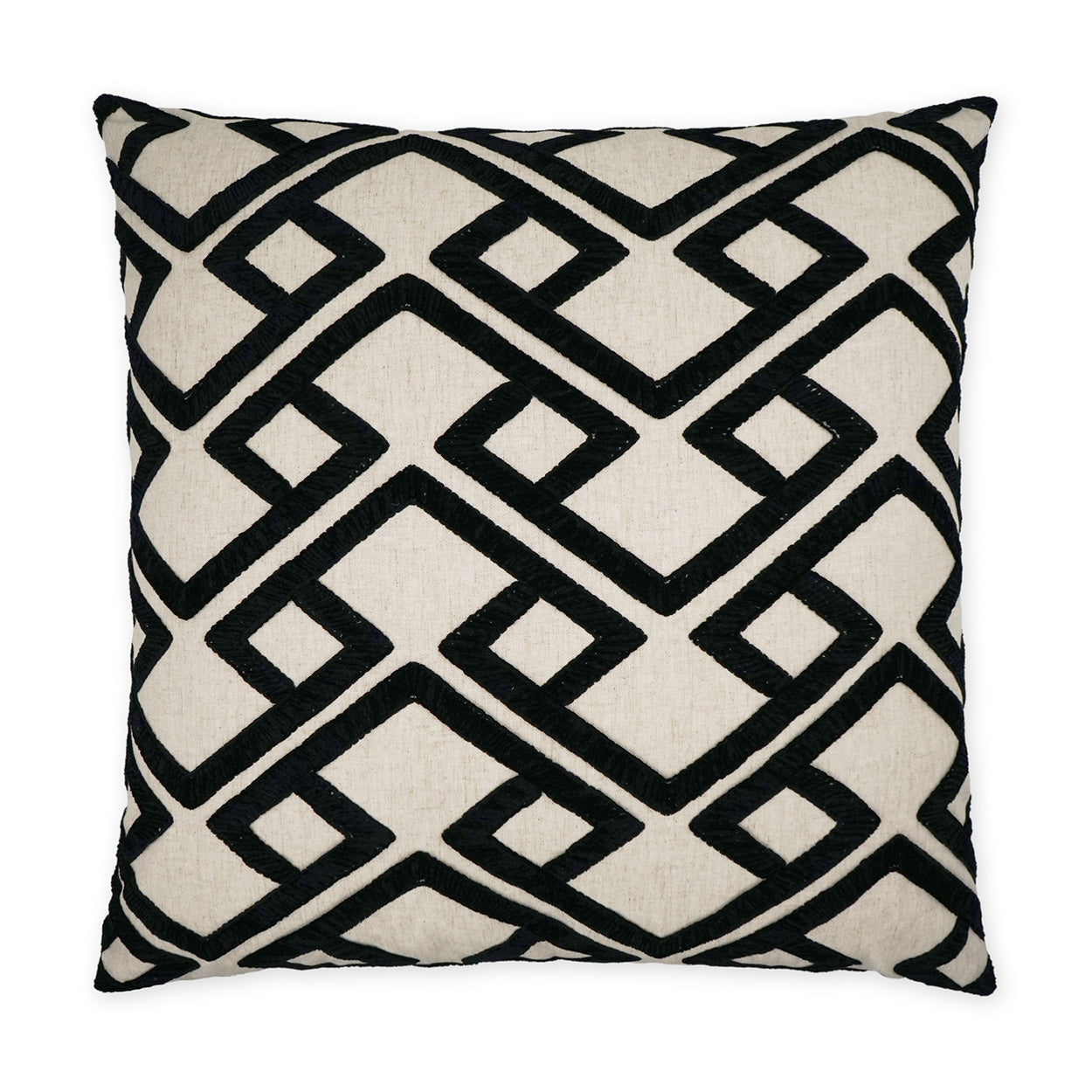 Square black decorative pillow with bold geometric lattice pattern; woven textile.