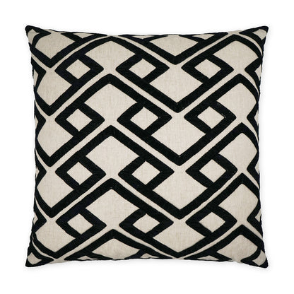 Square black decorative pillow with bold geometric lattice pattern; woven textile.
