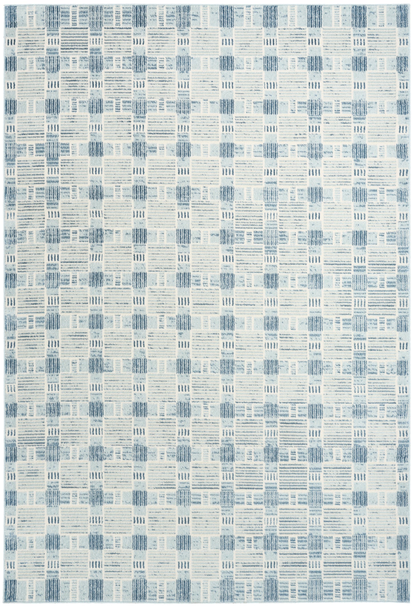 Blue and white geometric area rug featuring a patchwork square grid and textured linear patterns.
