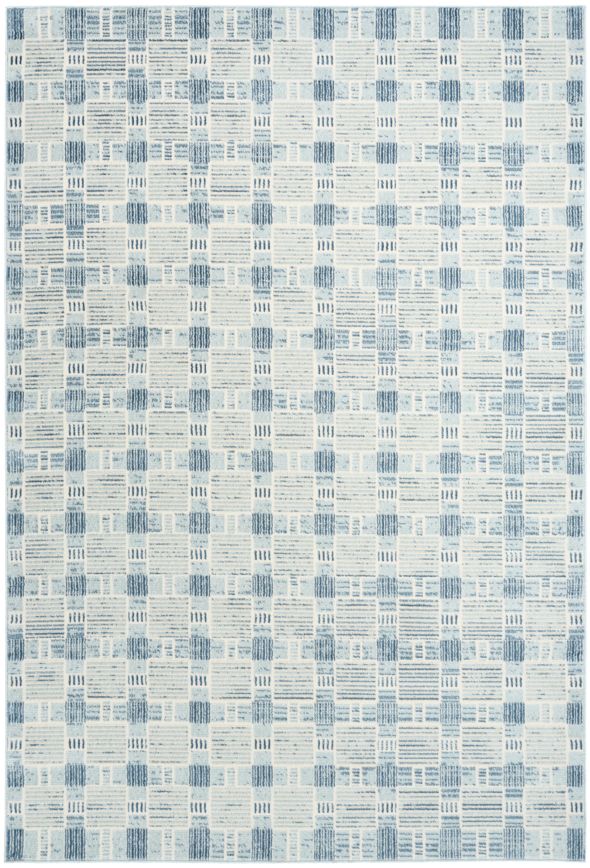 Blue and white geometric area rug featuring a patchwork square grid and textured linear patterns.