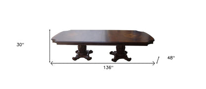 136" Brown Solid Wood And Solid Manufactured Wood Double Pedestal Base Dining Table
