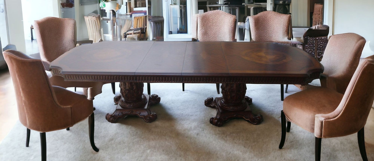 136" Brown Solid Wood And Solid Manufactured Wood Double Pedestal Base Dining Table