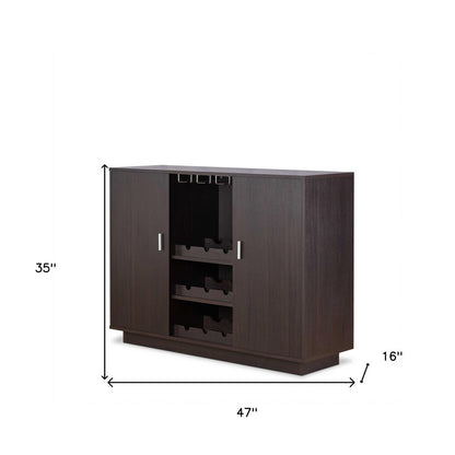 Dark espresso wood sideboard with two end cabinets and central wine rack, 47W x 35H x 16D.