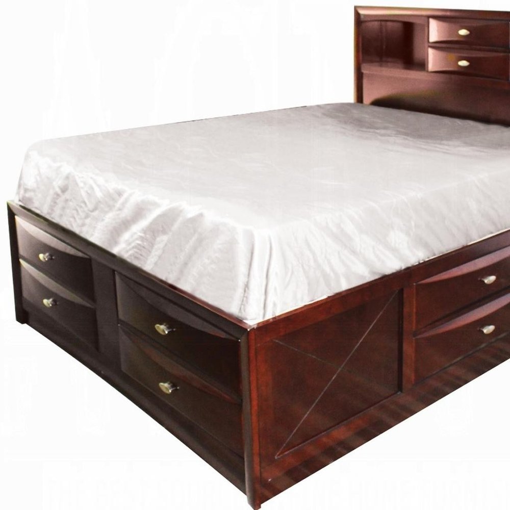 Espresso wood full bed frame with drawers.