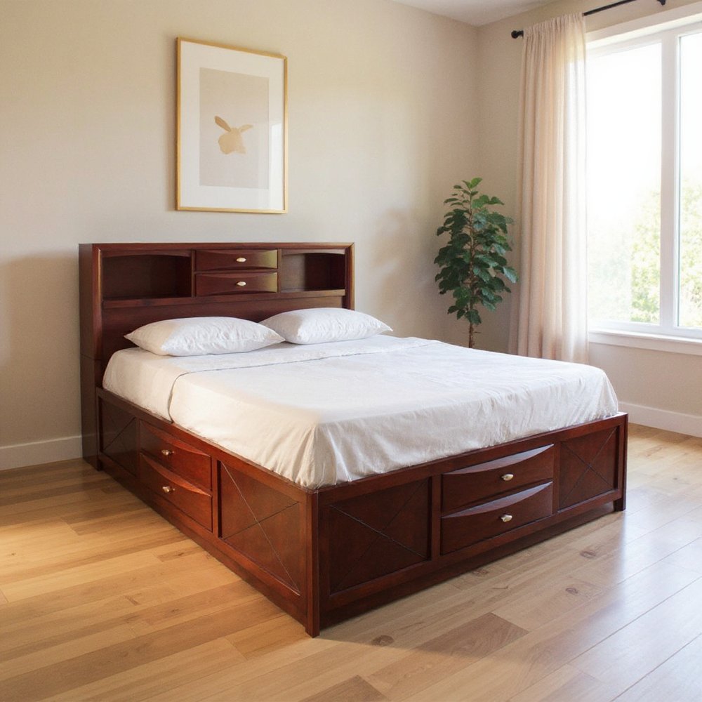 Espresso wood full bed frame with drawers