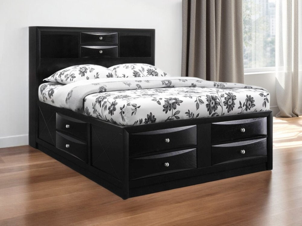 Black wood full-size bed frame with ten drawers.