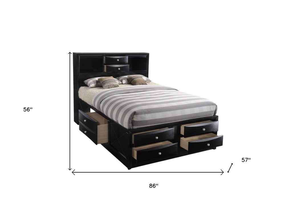 Black wood full-size bed frame with ten drawers.